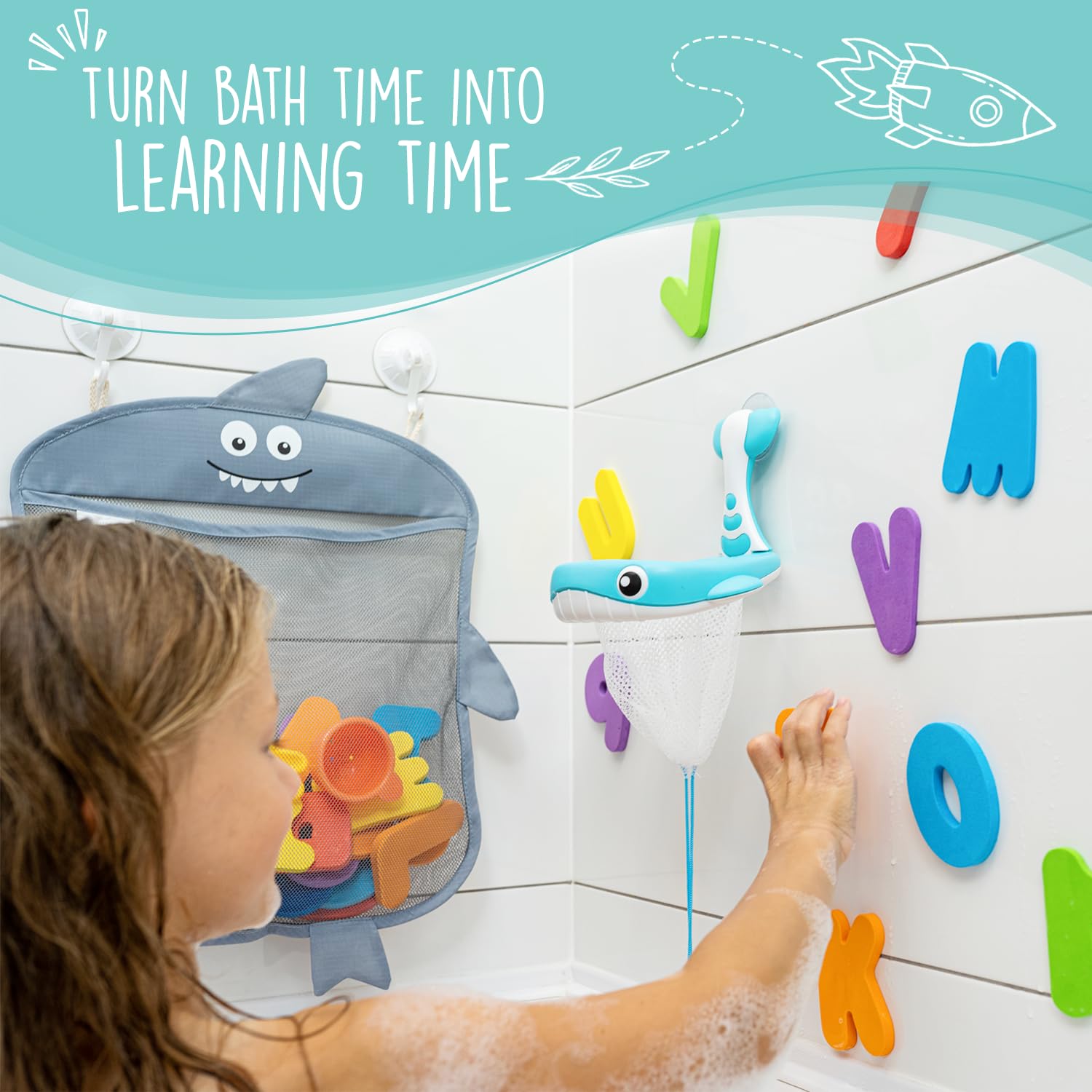 Comfylife foam letters and numbers set promotes play and learning in the tub.