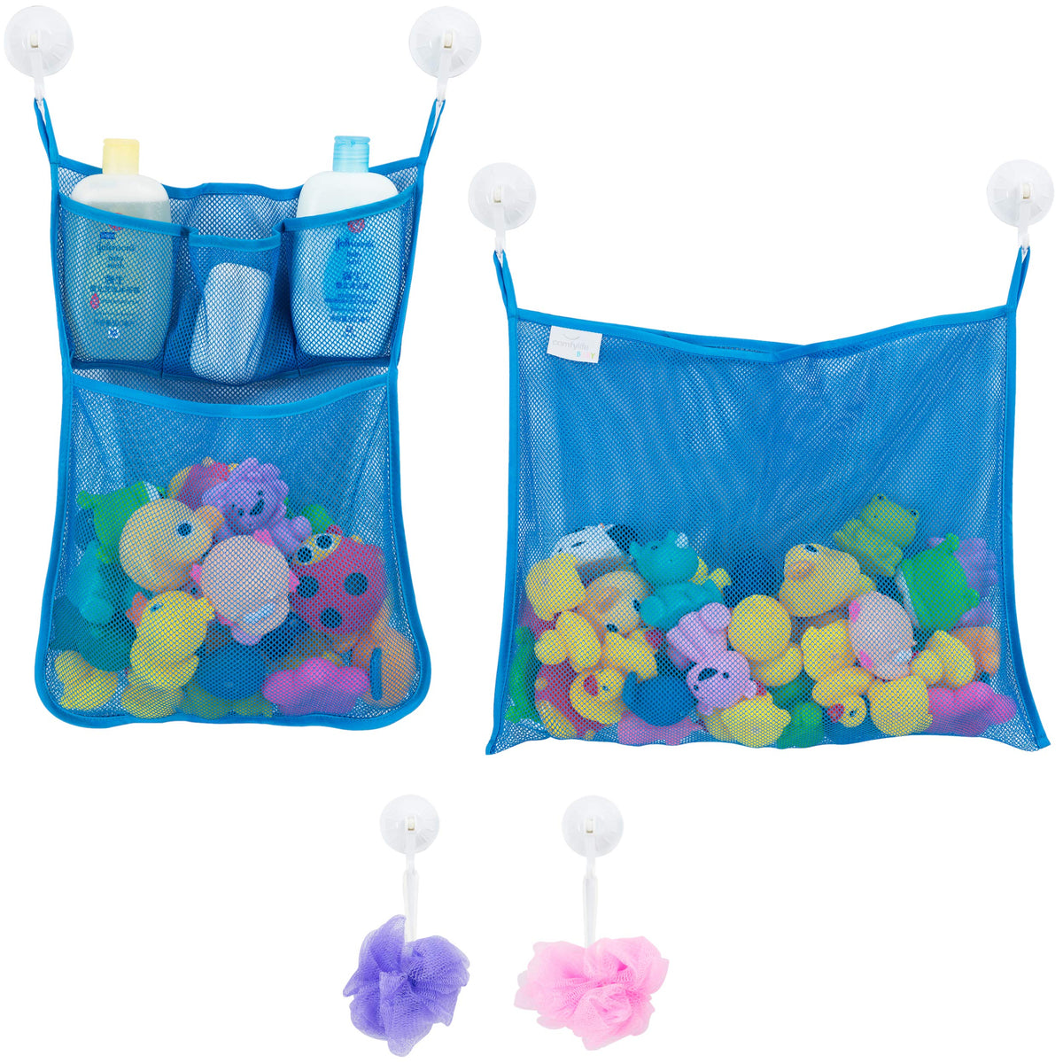 Comfylife mesh bath toy organizer 2-pack keeps toys dry and organized after bath.