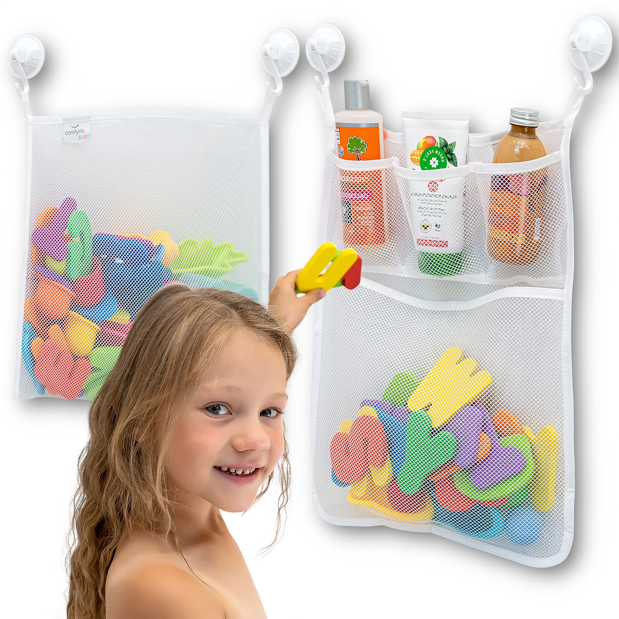 Comfylife mesh bath toy organizer mounted on the wall for easy access