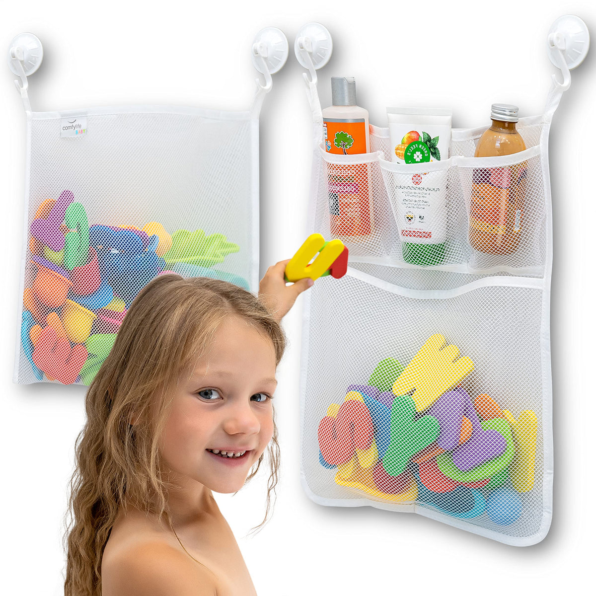 Comfylife mesh bath toy organizer mounted on the wall for easy access