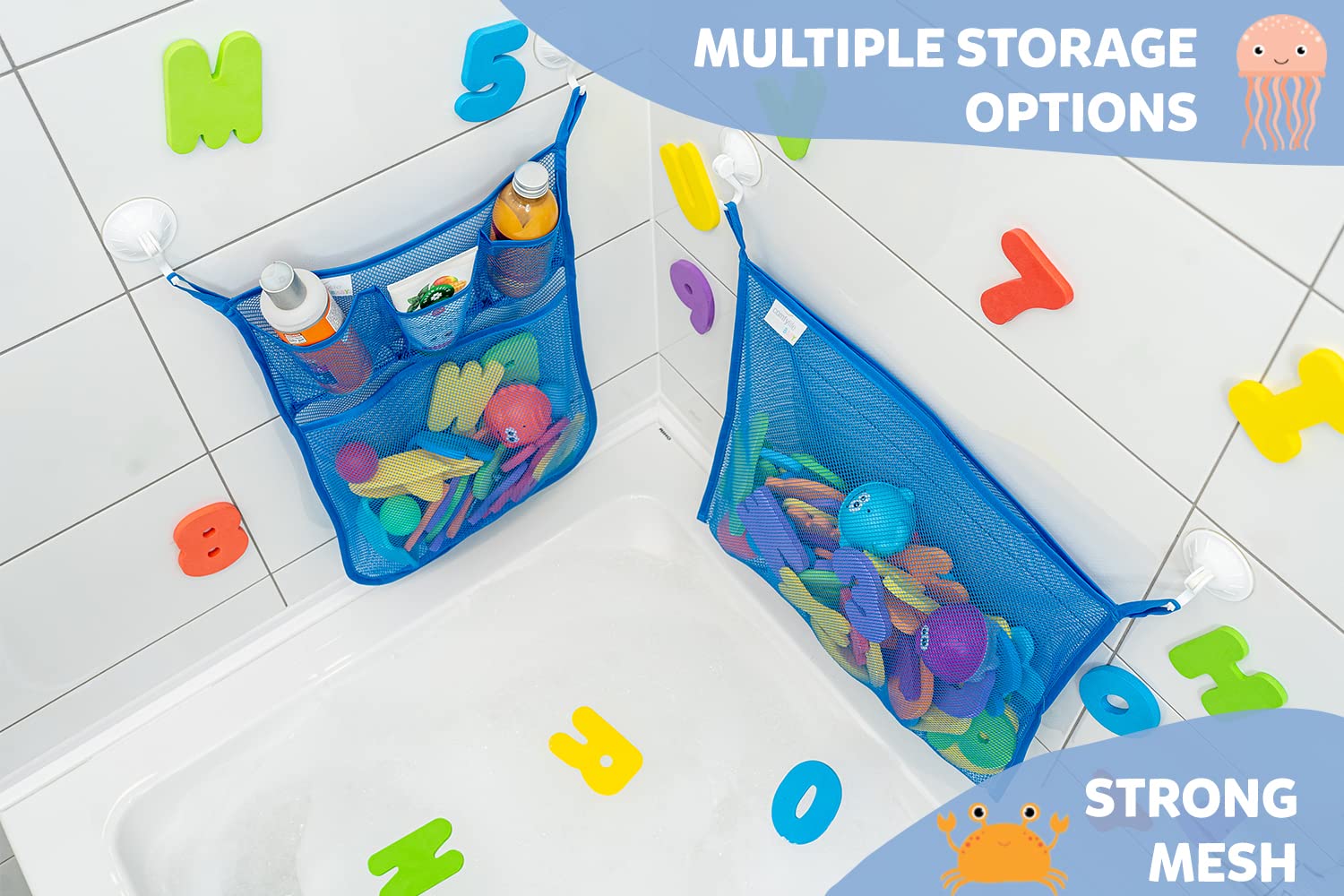 Comfylife multi-use bath storage system stores toys, soap, and essentials neatly.