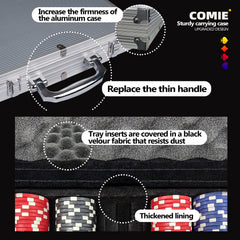 Comie poker chips set supports 8–10 players for Texas Hold’em and blackjack.