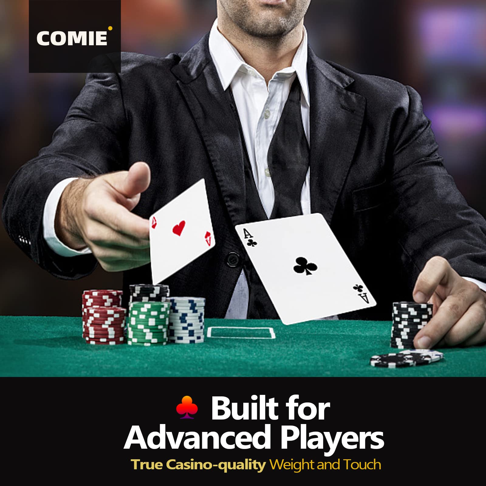 Comie set includes 2 decks, dice, and a dealer button for immediate play.