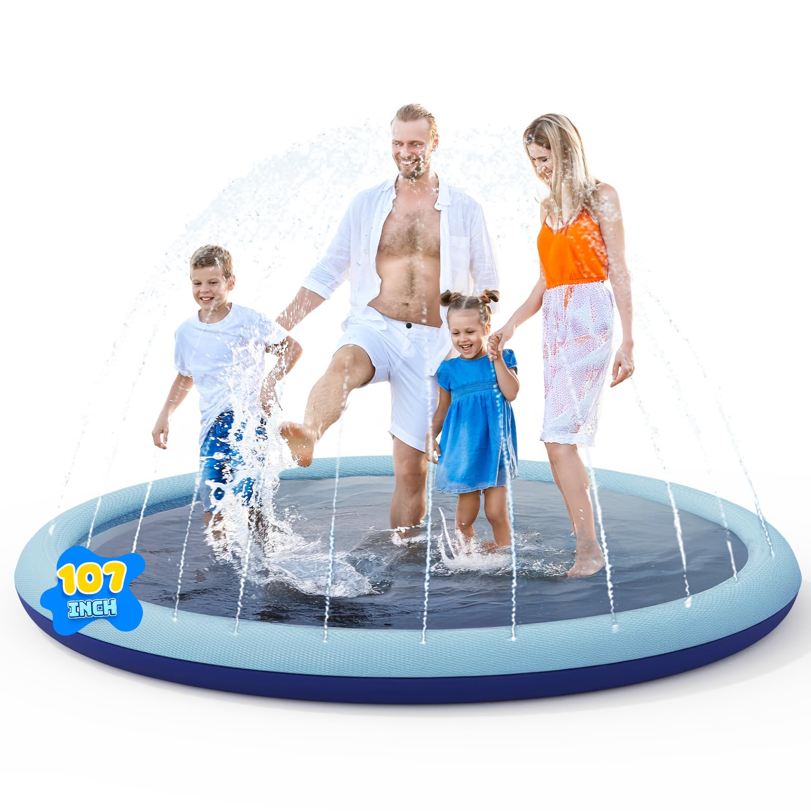 COMMOUDS 107-inch splash pad in backyard for family play and sun relief