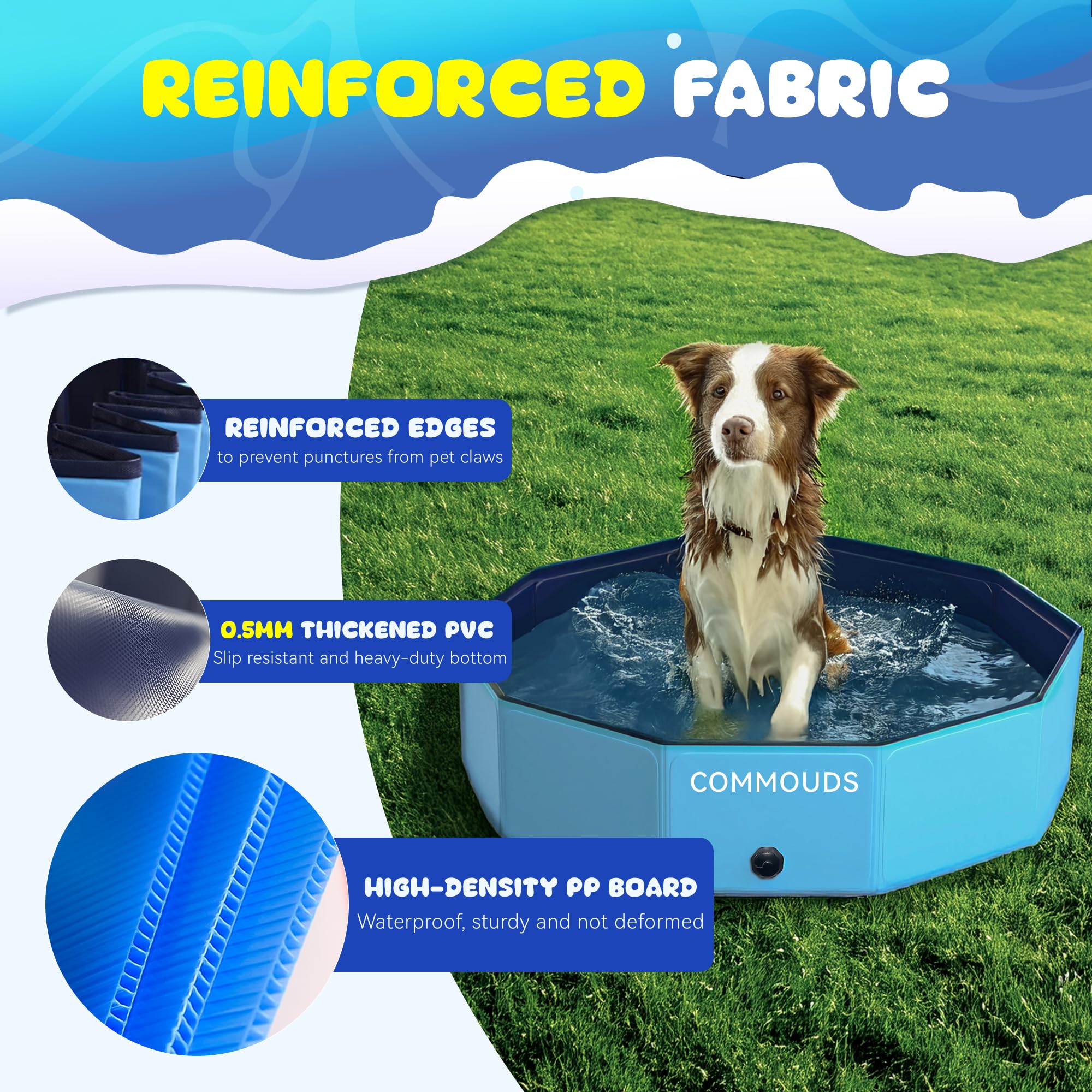 COMMOUDS foldable dog pool assembled and ready for bath time session