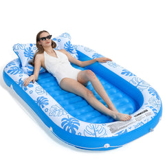 COMMOUDS inflatable tanning pool lounger with cervical pillow for neck support.