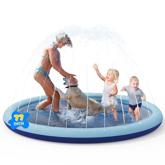 COMMOUDS splash pad shows kids and dogs enjoying backyard water play.