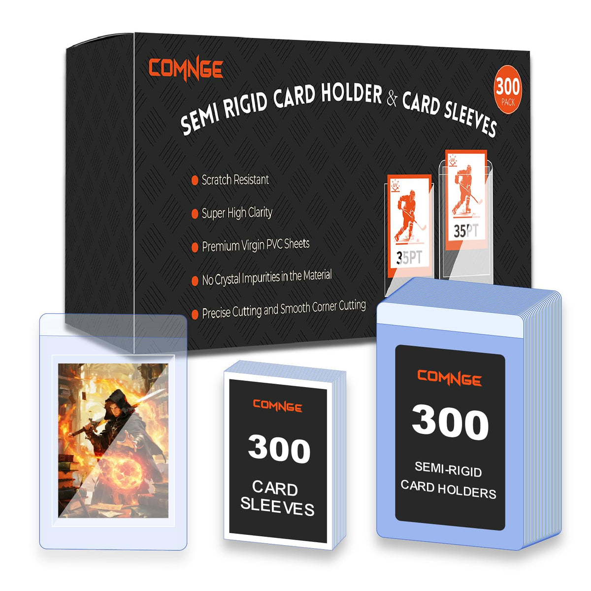 Comnge 600ct semi-rigid card holder offers ultra-clear visibility for showcased trading cards.