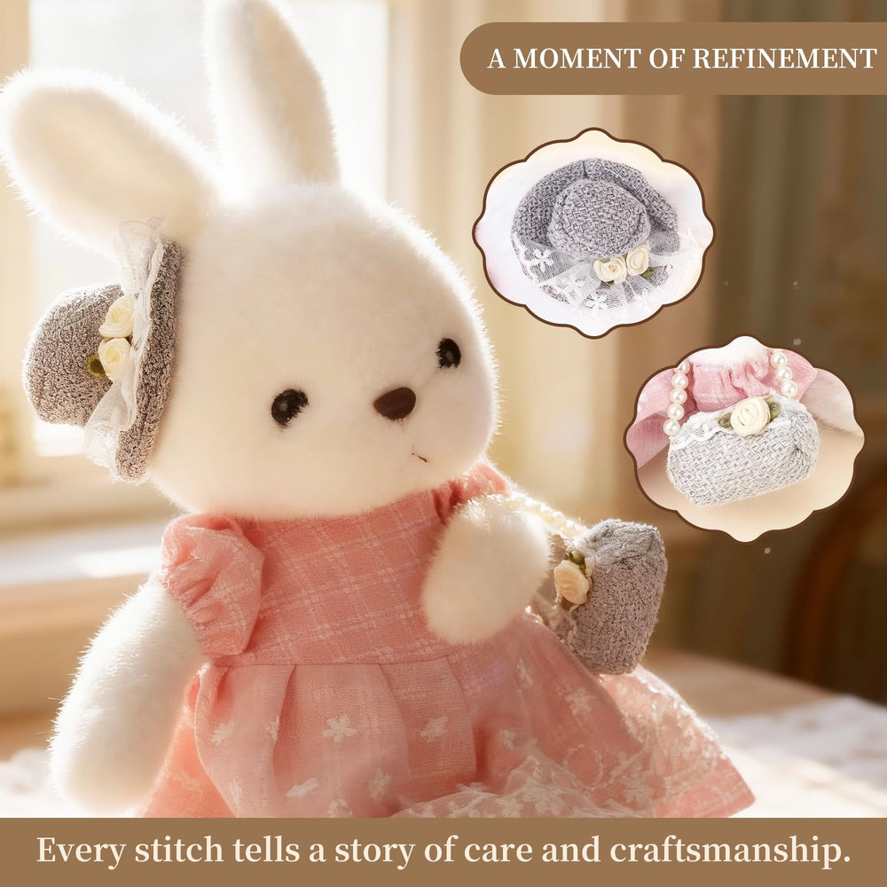 Comnonage Bunny with vintage gray hat adds nostalgic charm to nursery decor.