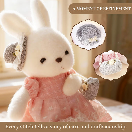 Comnonage Bunny with vintage gray hat adds nostalgic charm to nursery decor.