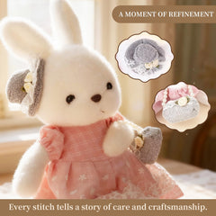 Comnonage Bunny with vintage gray hat adds nostalgic charm to nursery decor.