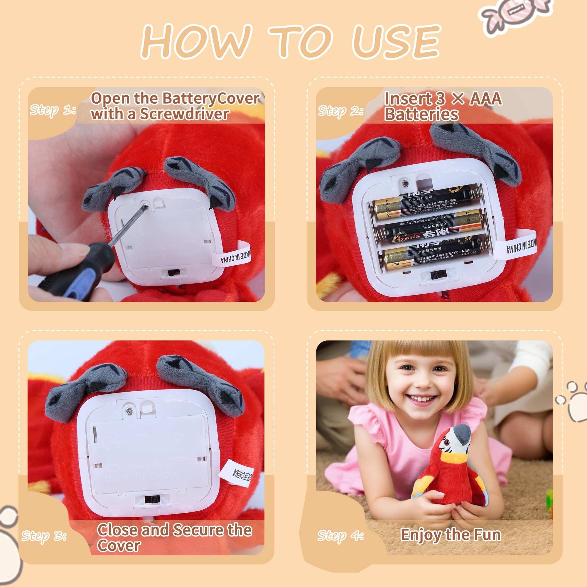 Comnonage Talking Parrot Toy durable battery access keeps playtime worry-free during adventures.