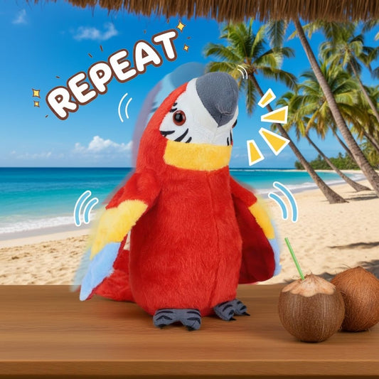 Bright red-yellow parrot design from Comnonage captures toddlers' attention during storytelling.