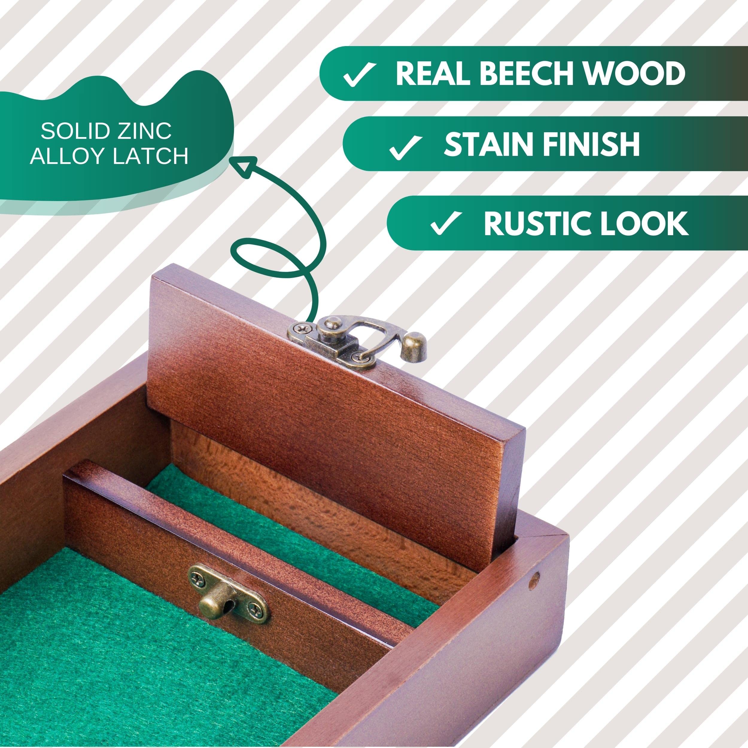 Wooden D&D Dice Tray travel-friendly 8x5.5 inches fits gaming bag.