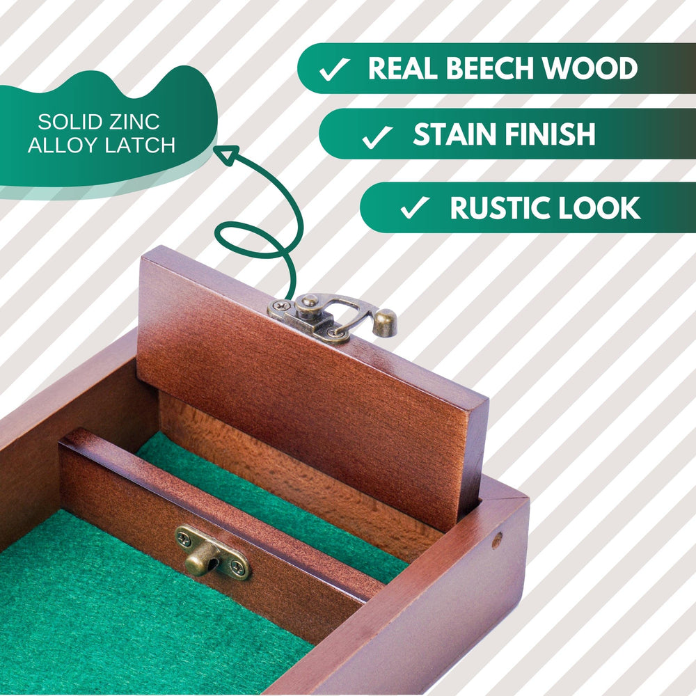Wooden D&D Dice Tray travel-friendly 8x5.5 inches fits gaming bag.