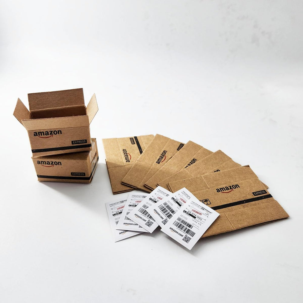 Compactini 5-pack unfolded shipping boxes for 1:12 scale dollhouse displays.