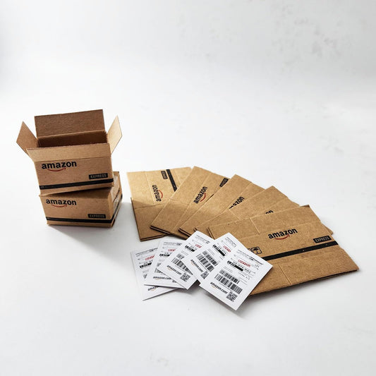 Compactini 5-pack unfolded shipping boxes for 1:12 scale dollhouse displays.