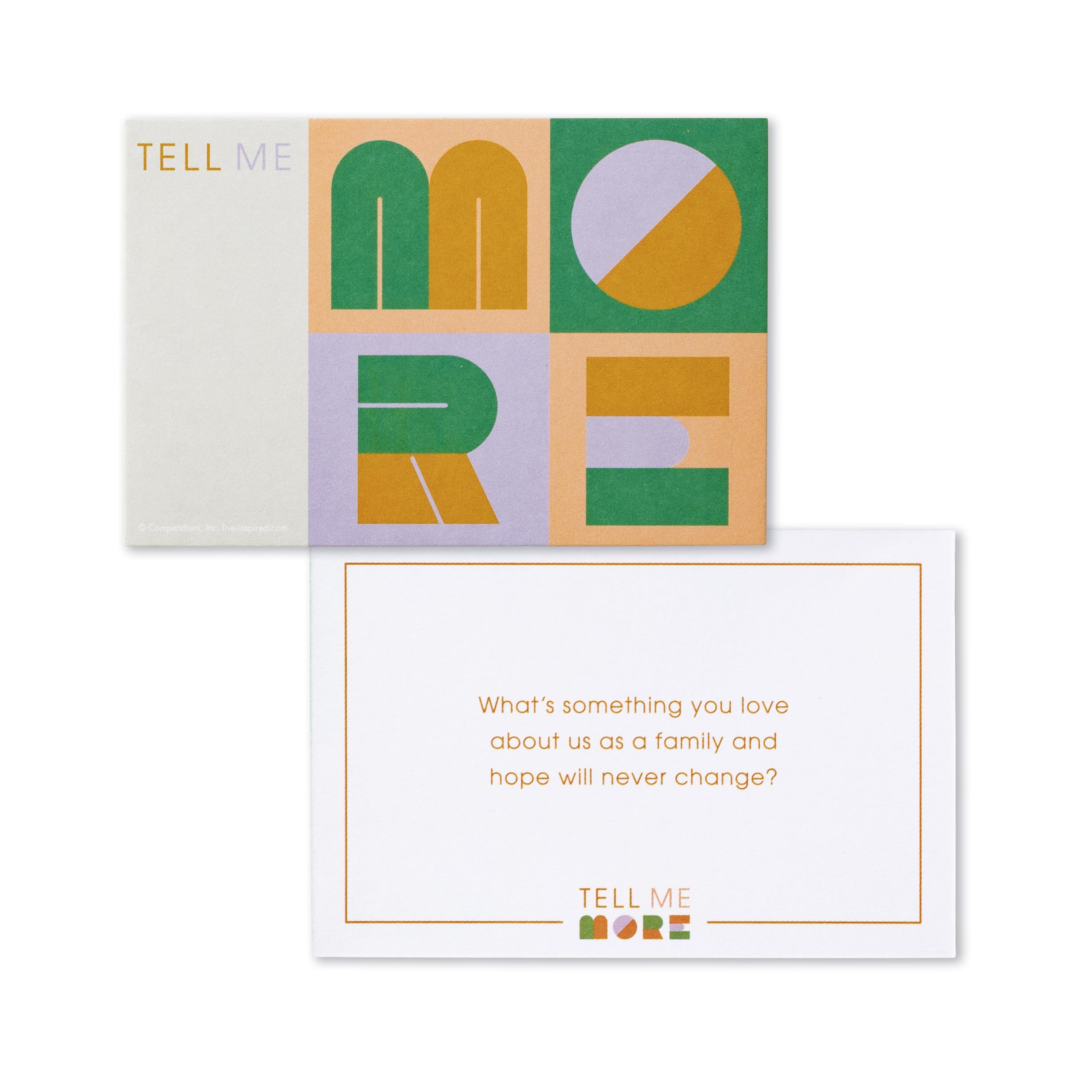 Compendium Tell Me More Family Edition question card close-up, prompts for meaningful talk.