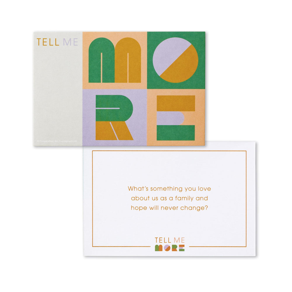 Compendium Tell Me More Family Edition question card close-up, prompts for meaningful talk.