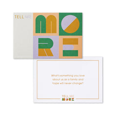 Compendium Tell Me More Family Edition question card close-up, prompts for meaningful talk.