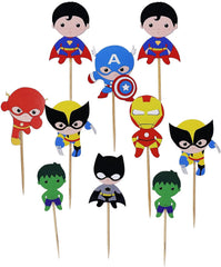 Confetti! superhero toppers assembled on cupcakes for quick decoration during parties