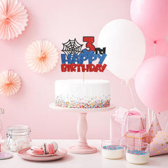 Confetti! superhero topper in red-blue-black colorway enhances the party theme