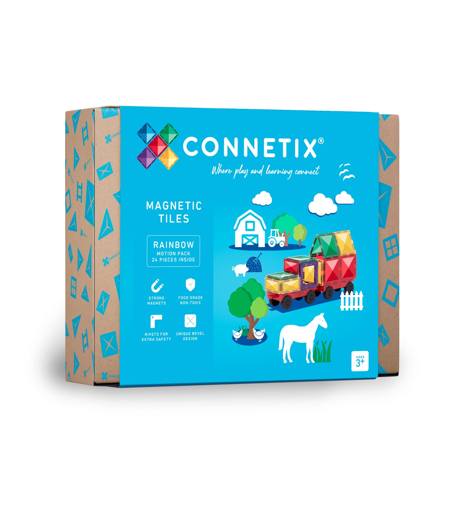 Connetix Rainbow Motion Pack car bases with rubber wheels for smooth vehicle play