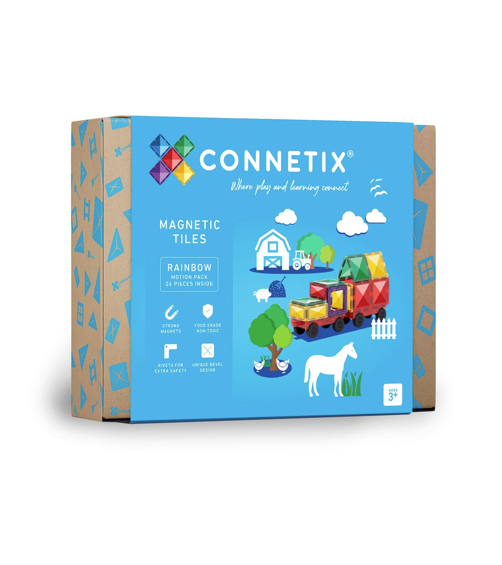 Connetix Rainbow Motion Pack car bases with rubber wheels for smooth vehicle play