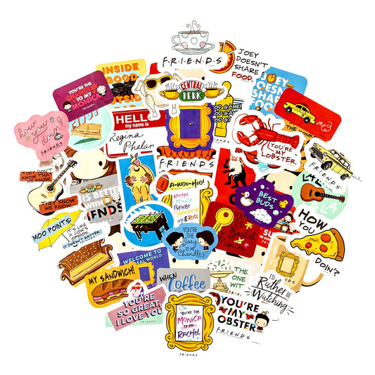 CON*QUEST Friendship Goals stickers showcase chibi Friends art for laptops and water bottles.