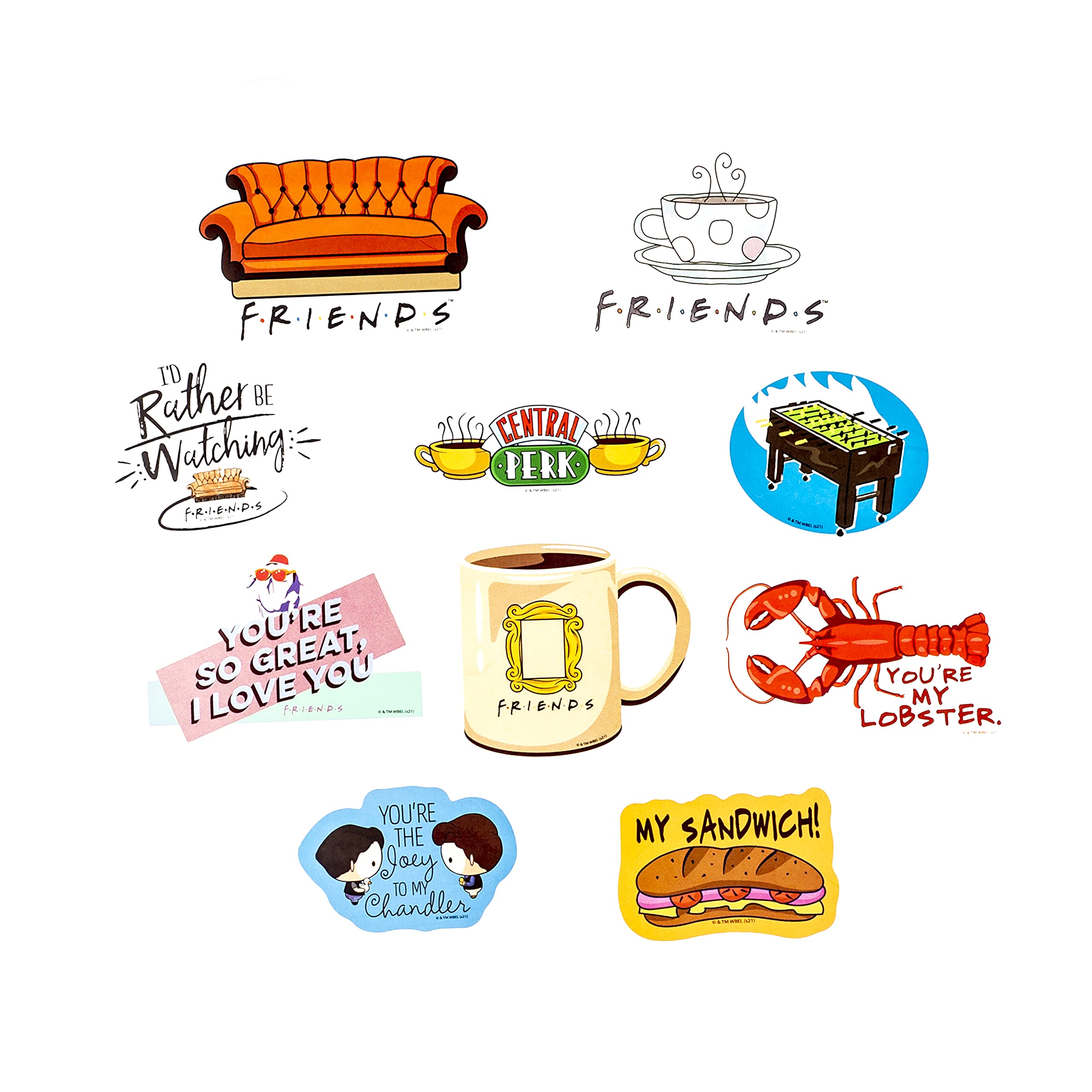 CON*QUEST stickers pack displays iconic Friends quotes on durable vinyl for gadgets.