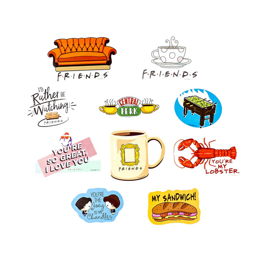 CON*QUEST stickers pack displays iconic Friends quotes on durable vinyl for gadgets.