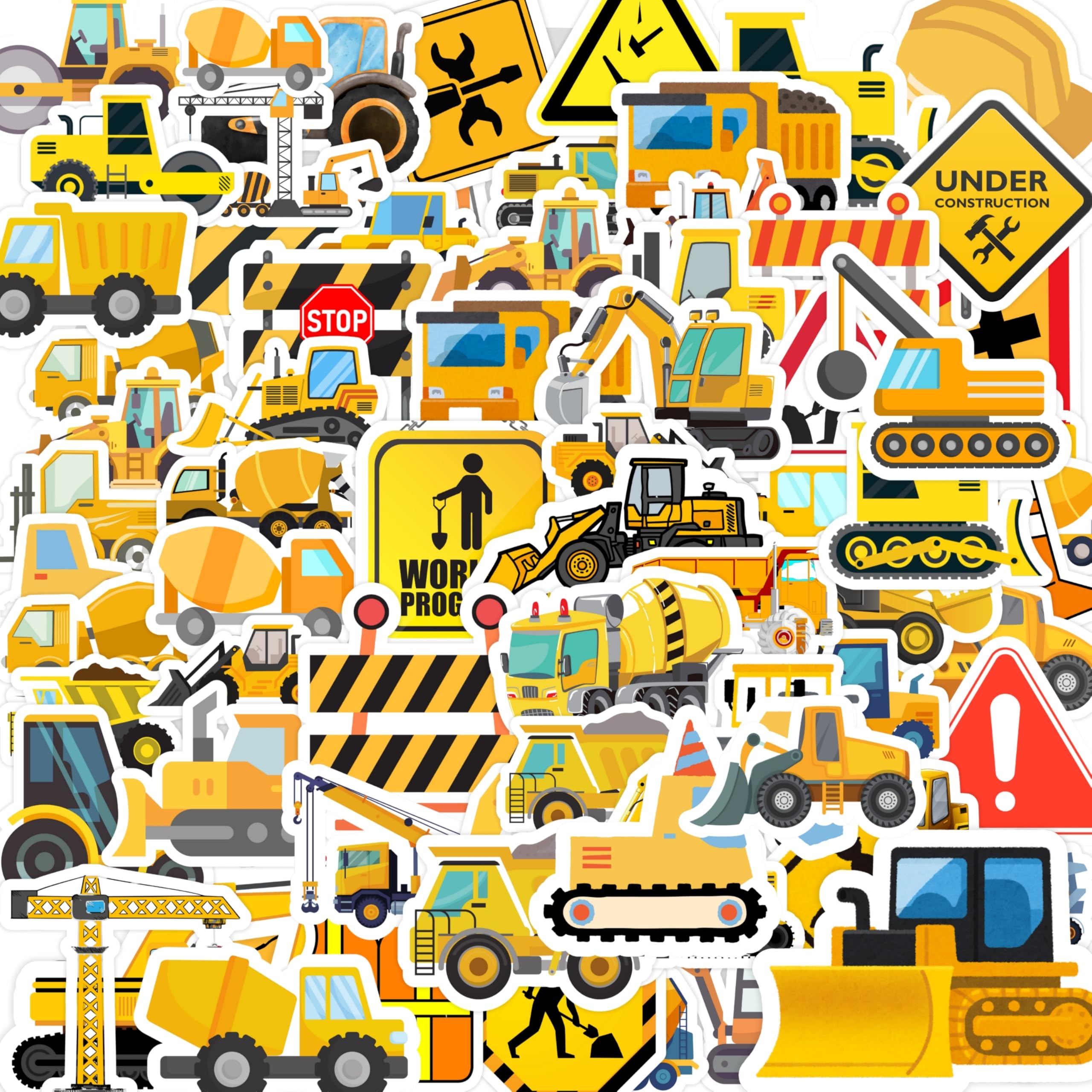 Construction Stickers with excavator design for personalizing water bottles and notebooks.