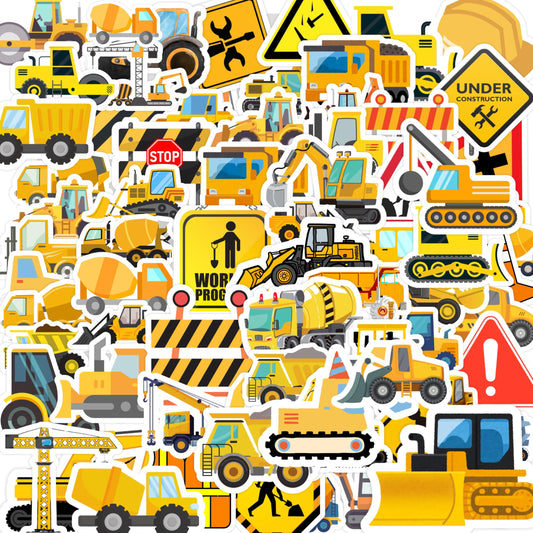 Construction Stickers with excavator design for personalizing water bottles and notebooks.