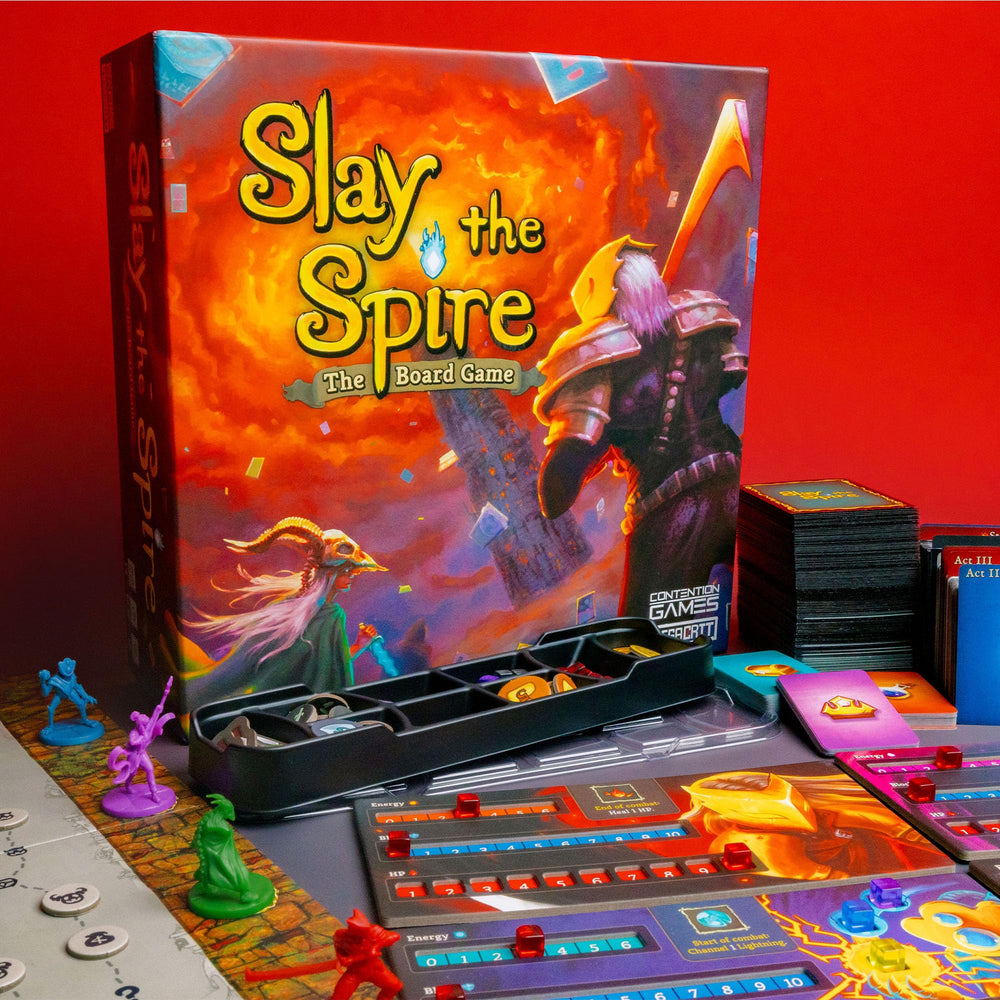 Contention Games Slay The Spire board game miniatures show four detailed heroes.