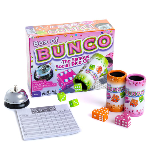 Continuum Games Bunco box with vibrant pink dice for lively game nights.