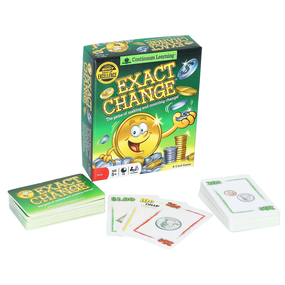 Continuum Games Exact Change Card Game box front inviting family money-counting practice