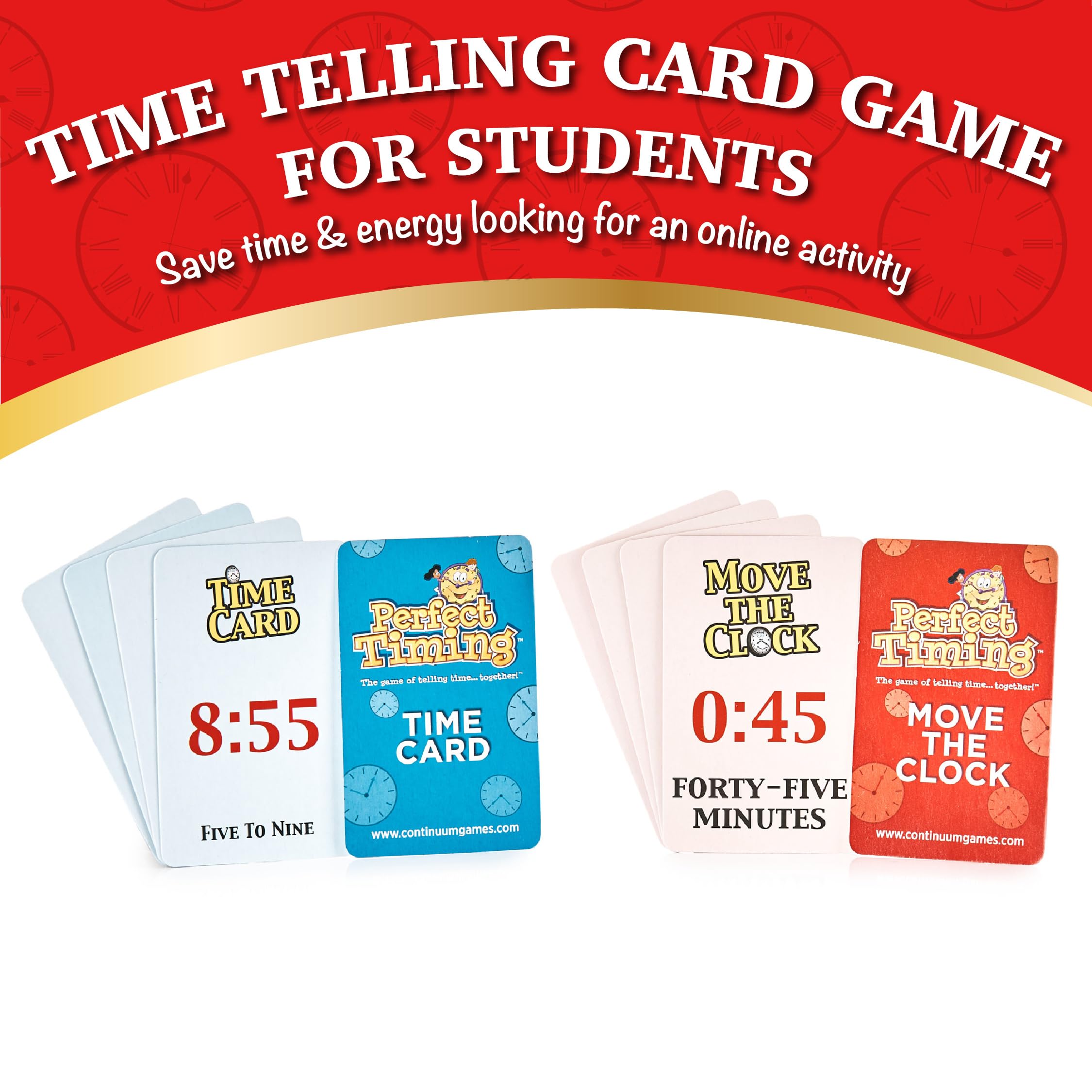 Continuum Games Perfect Timing Game classroom-friendly kit supports teacher-led time practice.