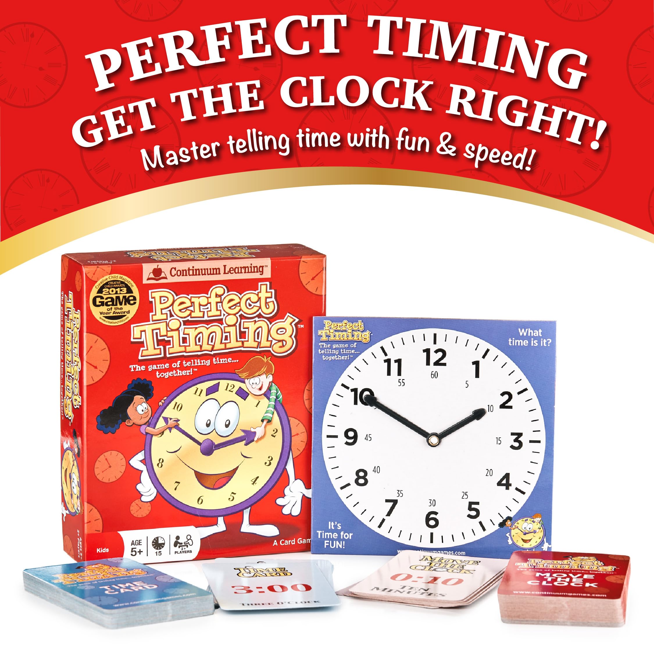 Continuum Games Perfect Timing Game clock cards spread, illustrating time-telling challenges for kids.