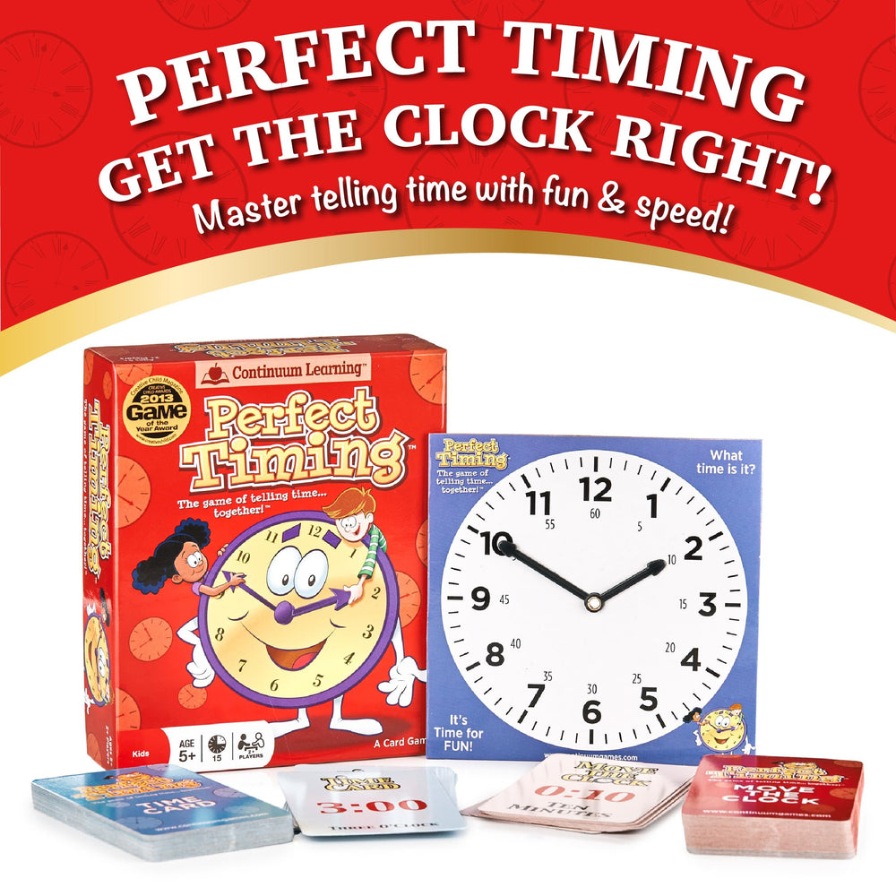 Continuum Games Perfect Timing Game clock cards spread, illustrating time-telling challenges for kids.