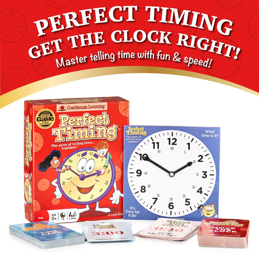 Continuum Games Perfect Timing Game clock cards spread, illustrating time-telling challenges for kids.