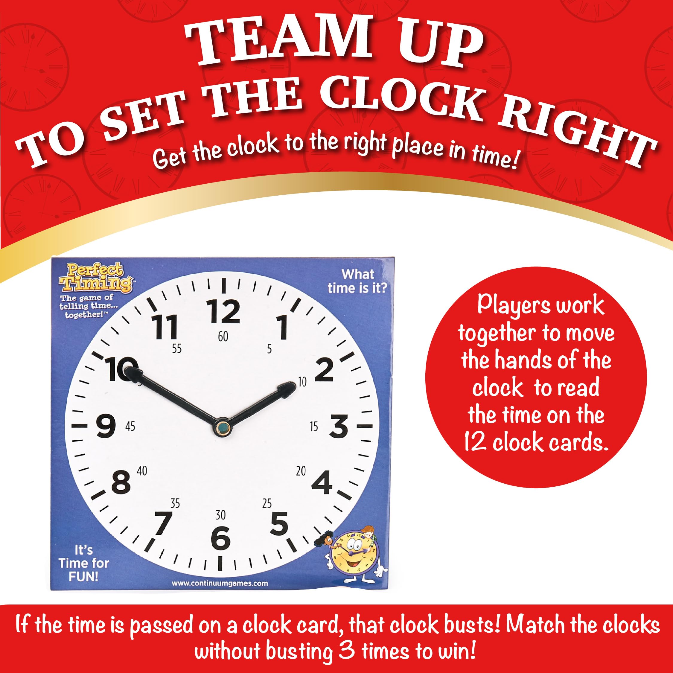 Continuum Games Perfect Timing Game clock hands in motion, showcasing teamwork during play.