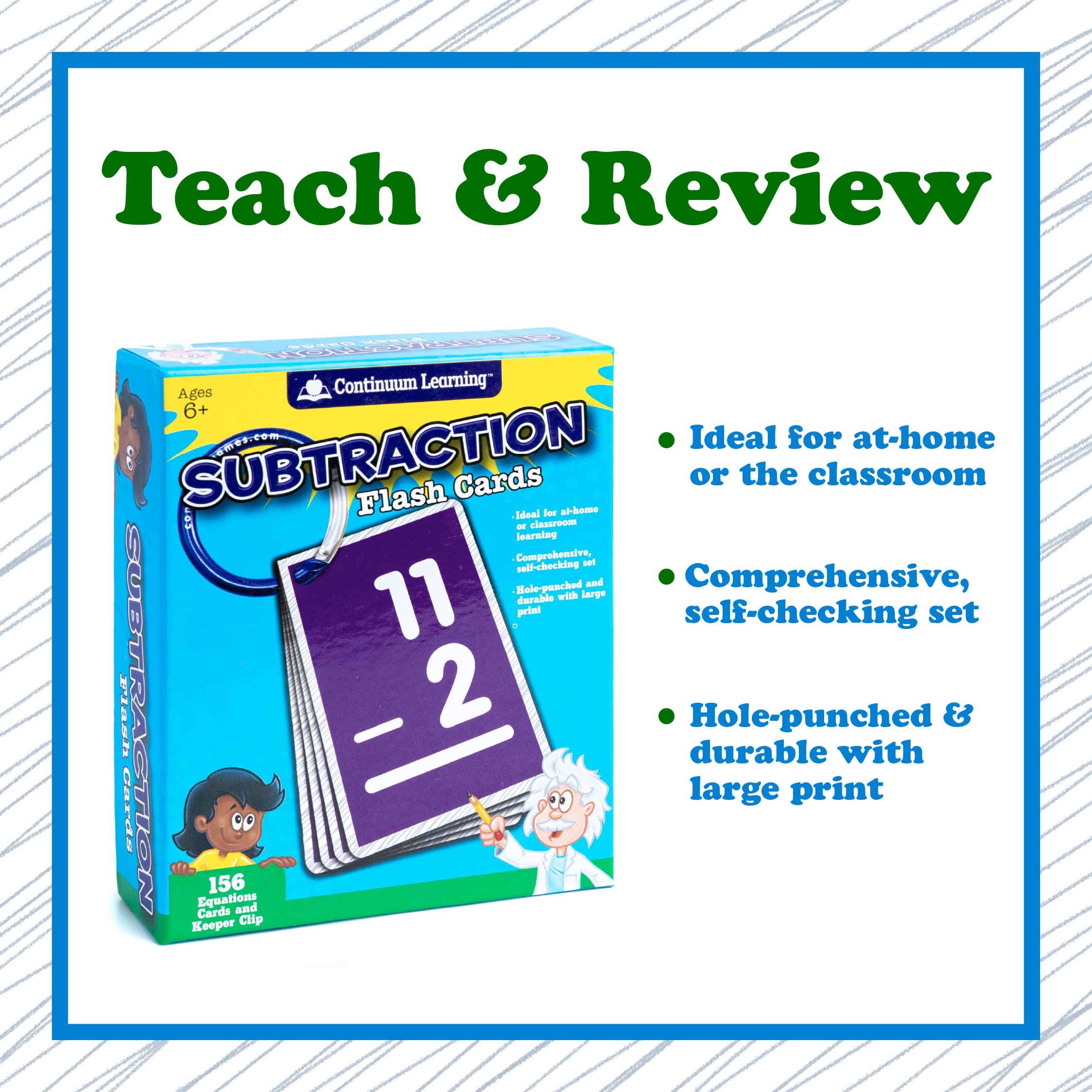 Continuum Learning Subtraction Flash Cards hole-punched corners for flexible setups.
