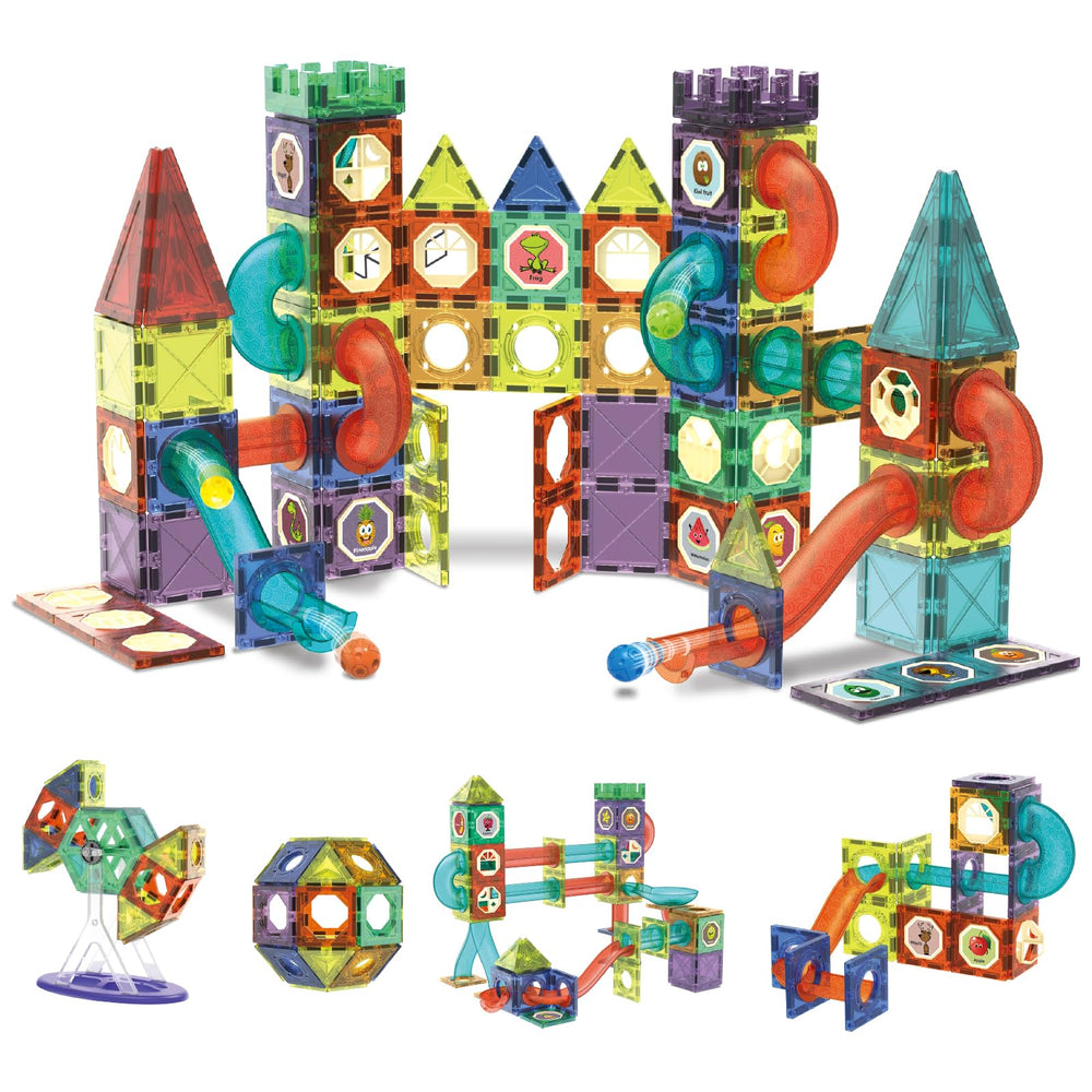 Contixo STEM 110-piece marble tiles show vivid color blocks for creative construction and learning.