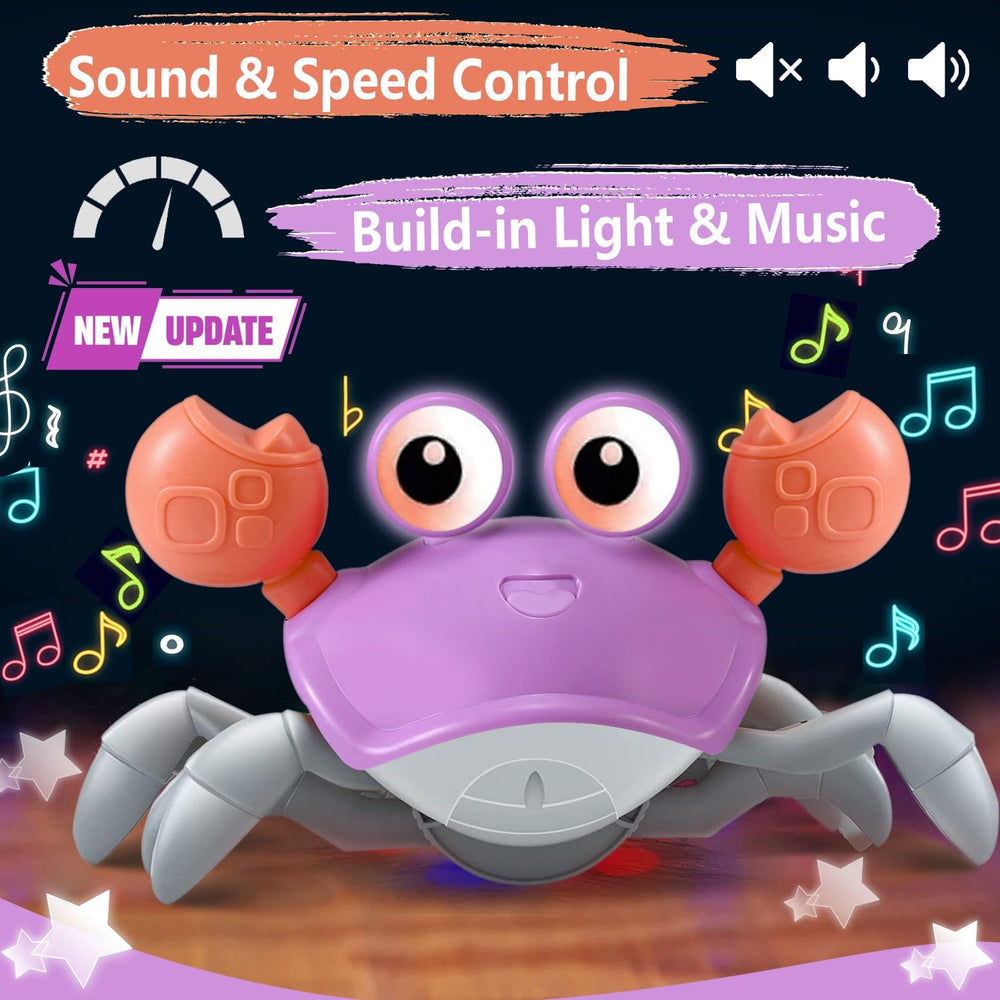 Control Future purple crab toy demonstrates obstacle avoidance for safe, exploratory crawling.