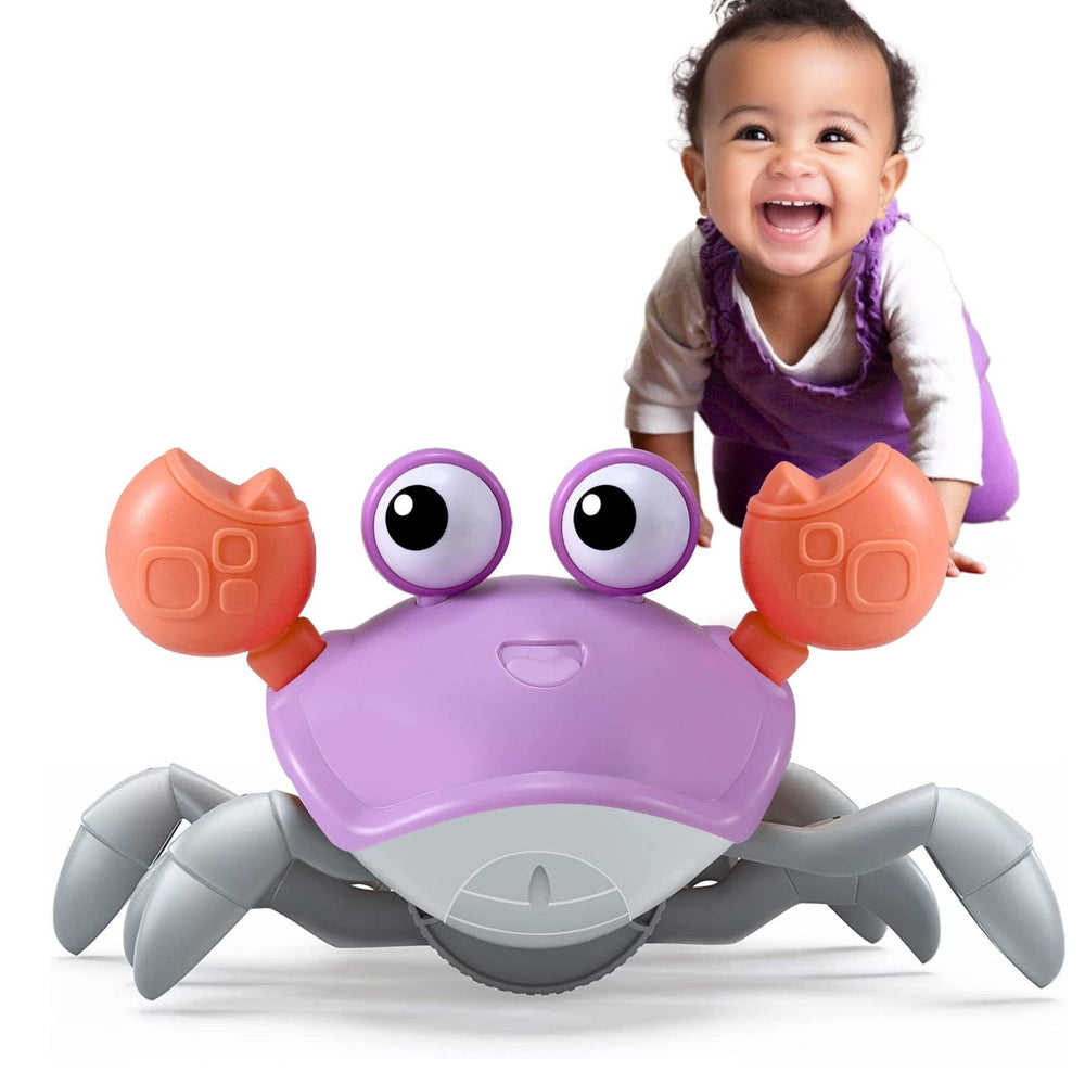 Control Future purple crawling crab toy in tummy-time action to engage infants.