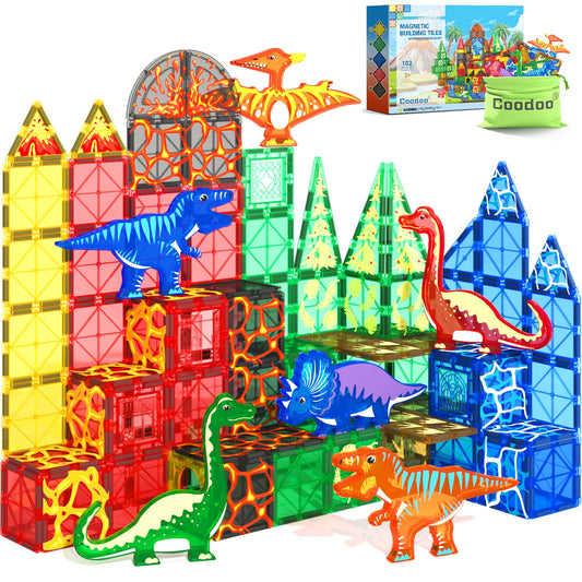 Coodoo 102pcs dinosaur tiles for imaginative play and building skills.