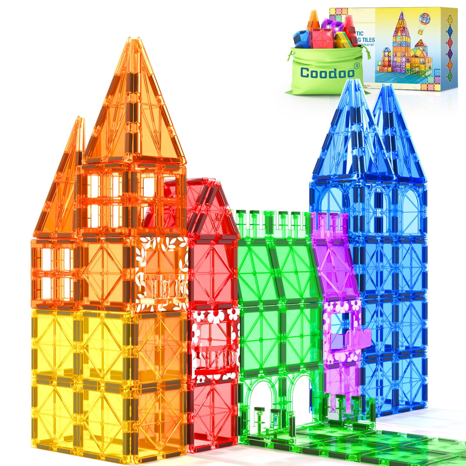 Coodoo magnetic tiles with 60 rainbow bricks boost STEM play and fine motor skills.
