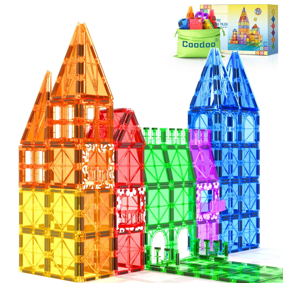 Coodoo magnetic tiles with 60 rainbow bricks boost STEM play and fine motor skills.