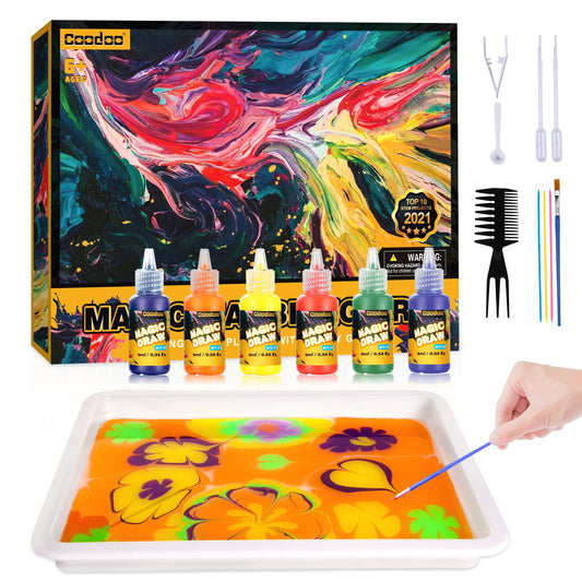 Coodoo water marbling paint bottles in six colors for kids' creativity.