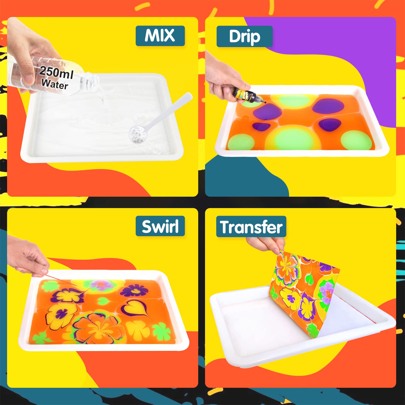 Coodoo water marbling pipette enables precise color transfer.
